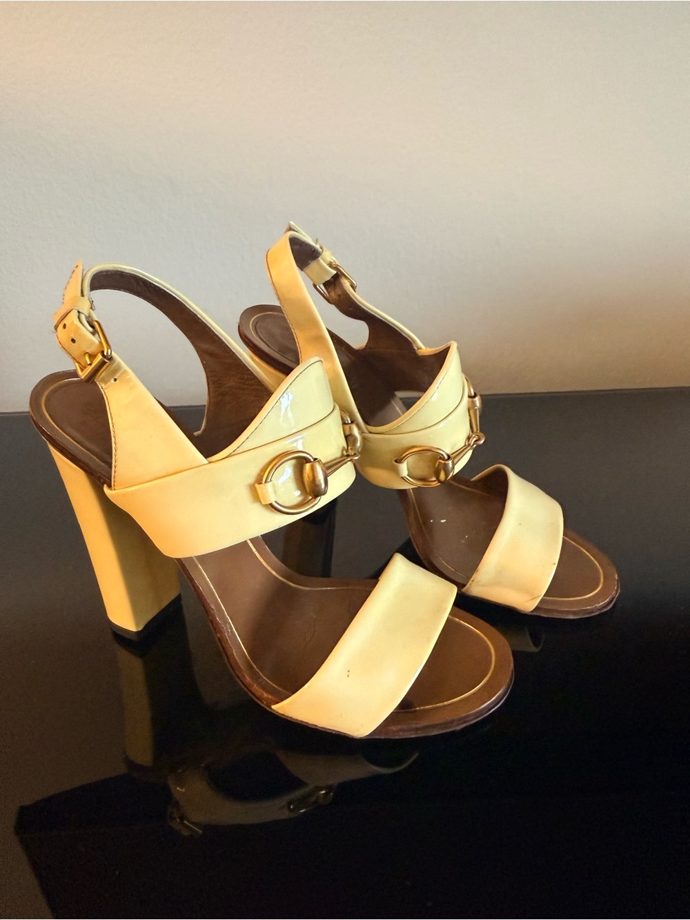 Gucci Yellow Leather Block Heel Slingback Sandals with Gold Horsebit